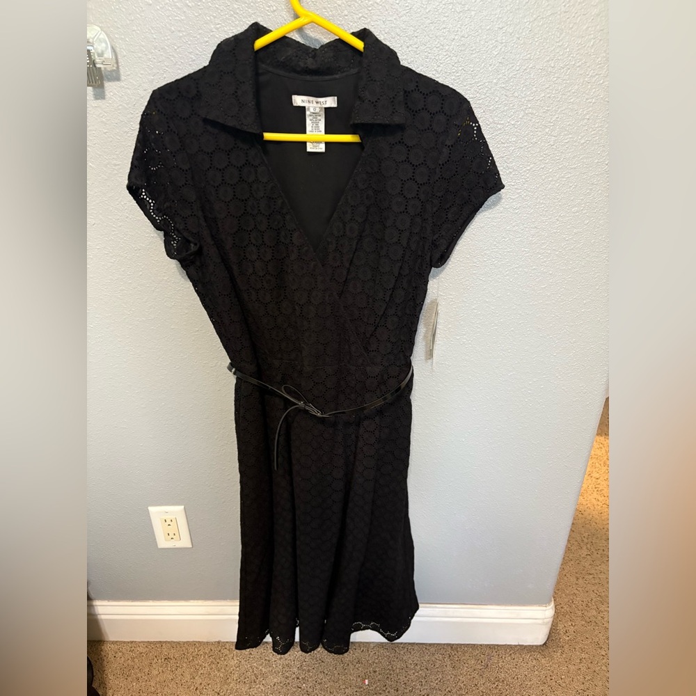 Nine West Black Eyelet Dress Collar Belt Women’s Size 12 Work Midi